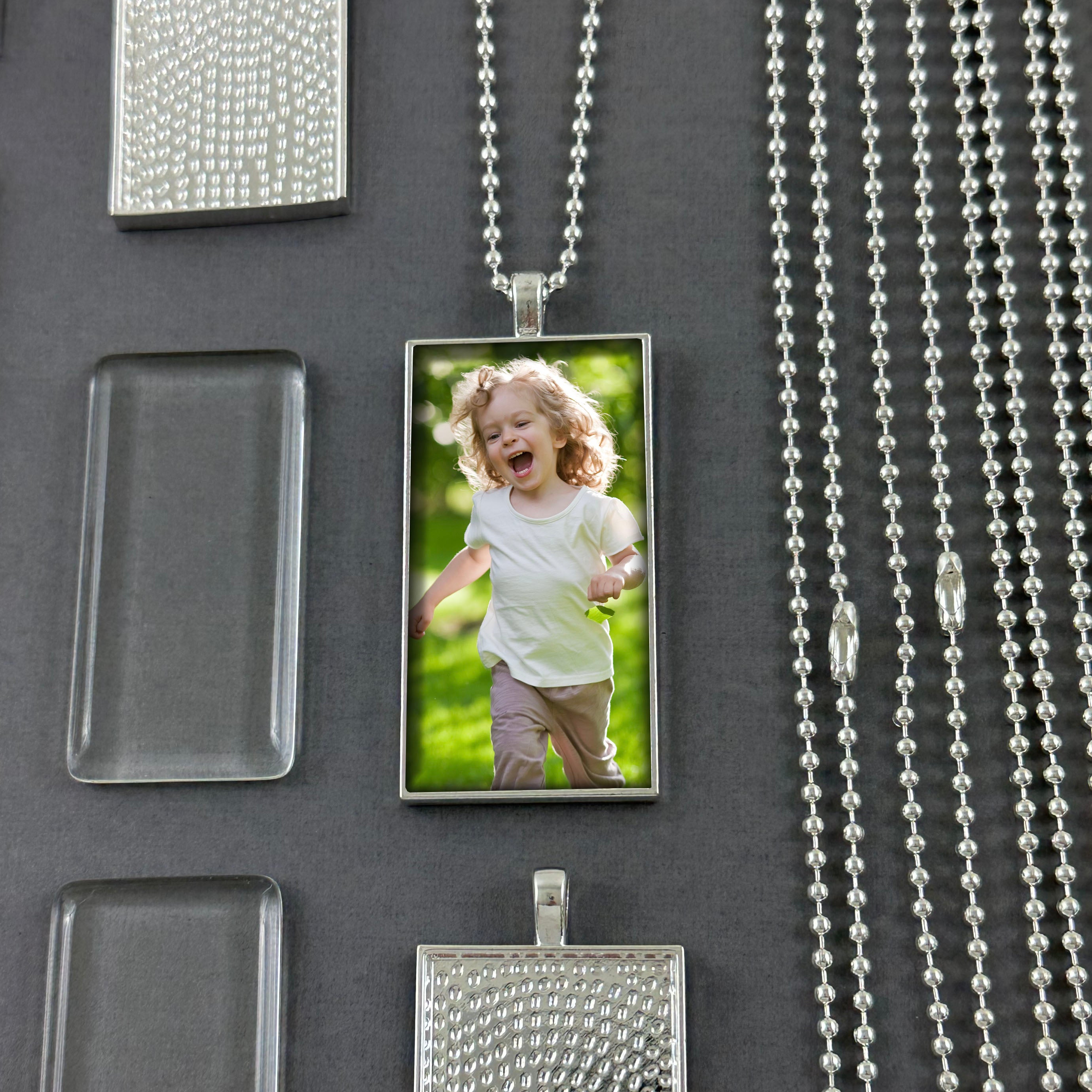 Bulk Rectangle Photo Necklace Blanks with Glass Covers and Ball Chains  50x25mm Antique Bronze