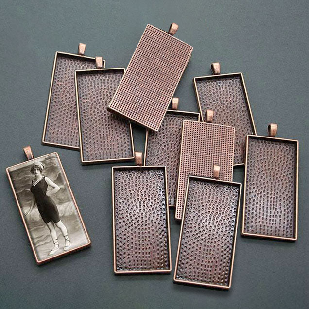 Bulk Rectangle Photo Pendant Tray Blank Frames 50x25mm Antique Copper