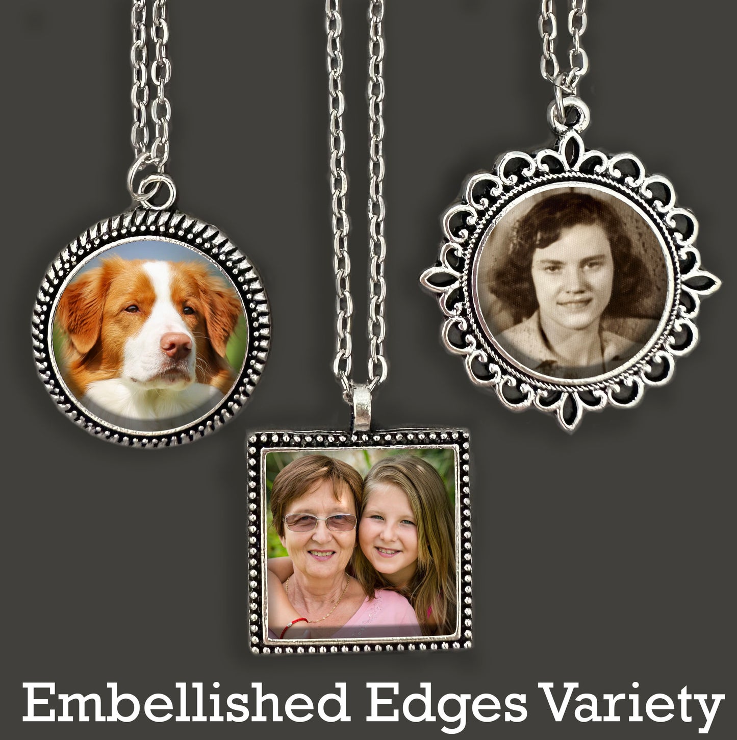 Mega Variety Kit Makes 30 Photo Necklaces 25mm 1" Square and Circle Photo Pendants with Embellished Edges Antique Silver