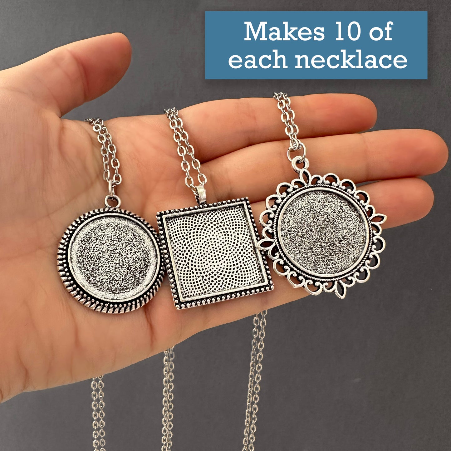 Mega Variety Kit Makes 30 Photo Necklaces 25mm 1" Square and Circle Photo Pendants with Embellished Edges Antique Silver