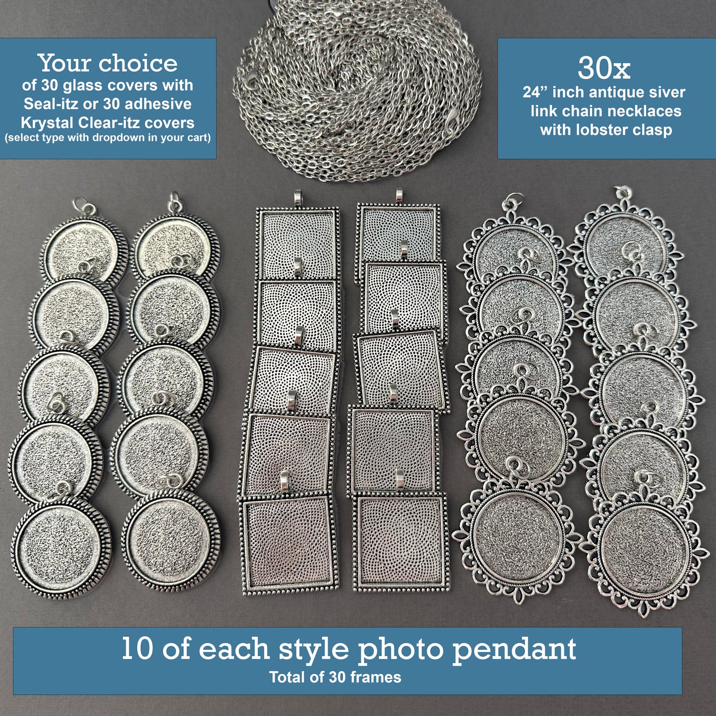 Mega Variety Kit Makes 30 Photo Necklaces 25mm 1" Square and Circle Photo Pendants with Embellished Edges Antique Silver