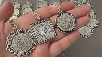 Mega Variety Kit Makes 30 Photo Necklaces 25mm 1" Square and Circle Photo Pendants with Embellished Edges Antique Silver